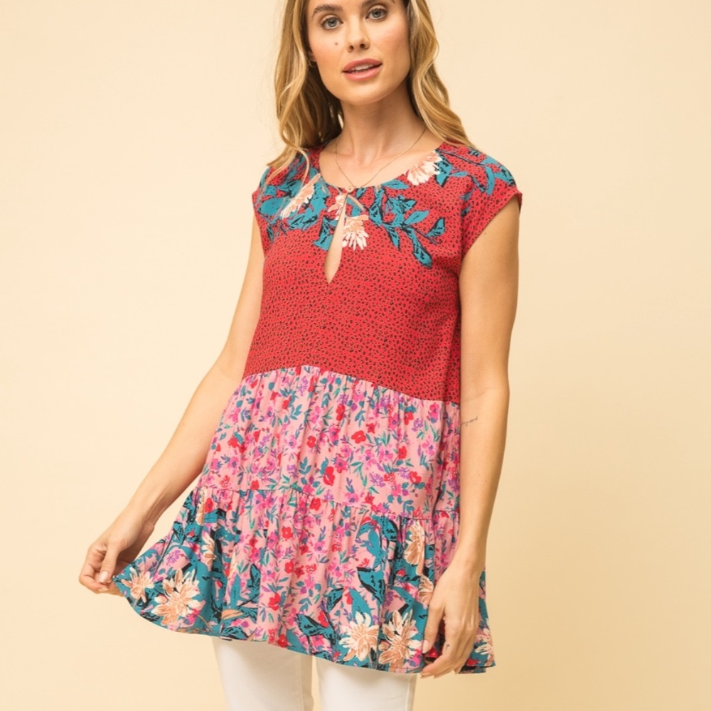 Mystree Red Turquoise Cheetah Floral Mixed Pattern Babydoll Rayon Keyhole Blouse
